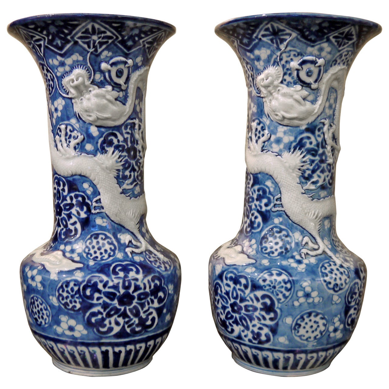 Pair of Japanese Vases with Dragons