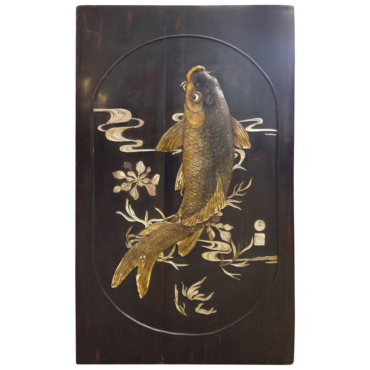 Large Lacquer Panel with Carp For Sale