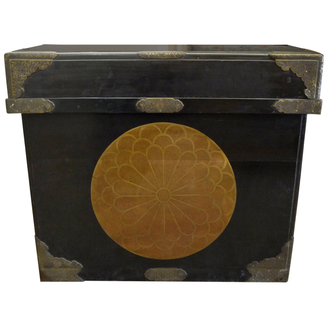 Huge Japanese Lacquer Trunk with Gold Crests For Sale