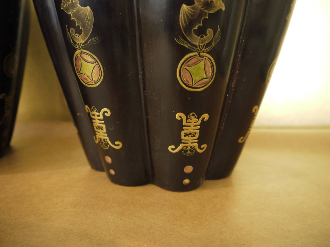 Hand-Painted Black Lacquer Chinese Melon Form Vases