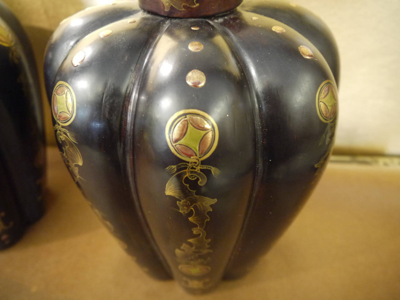 Black Lacquer Chinese Melon Form Vases 1