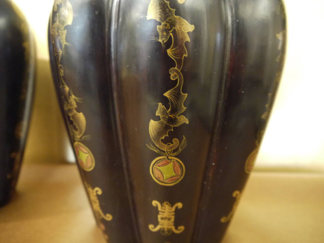 Black Lacquer Chinese Melon Form Vases 3