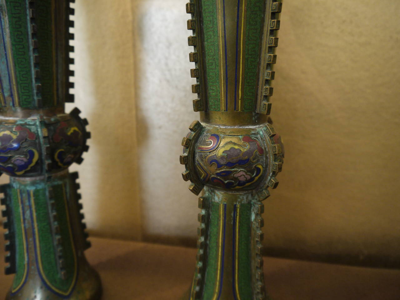 Chinese Pair of Cloisonne Ku Shaped Vases