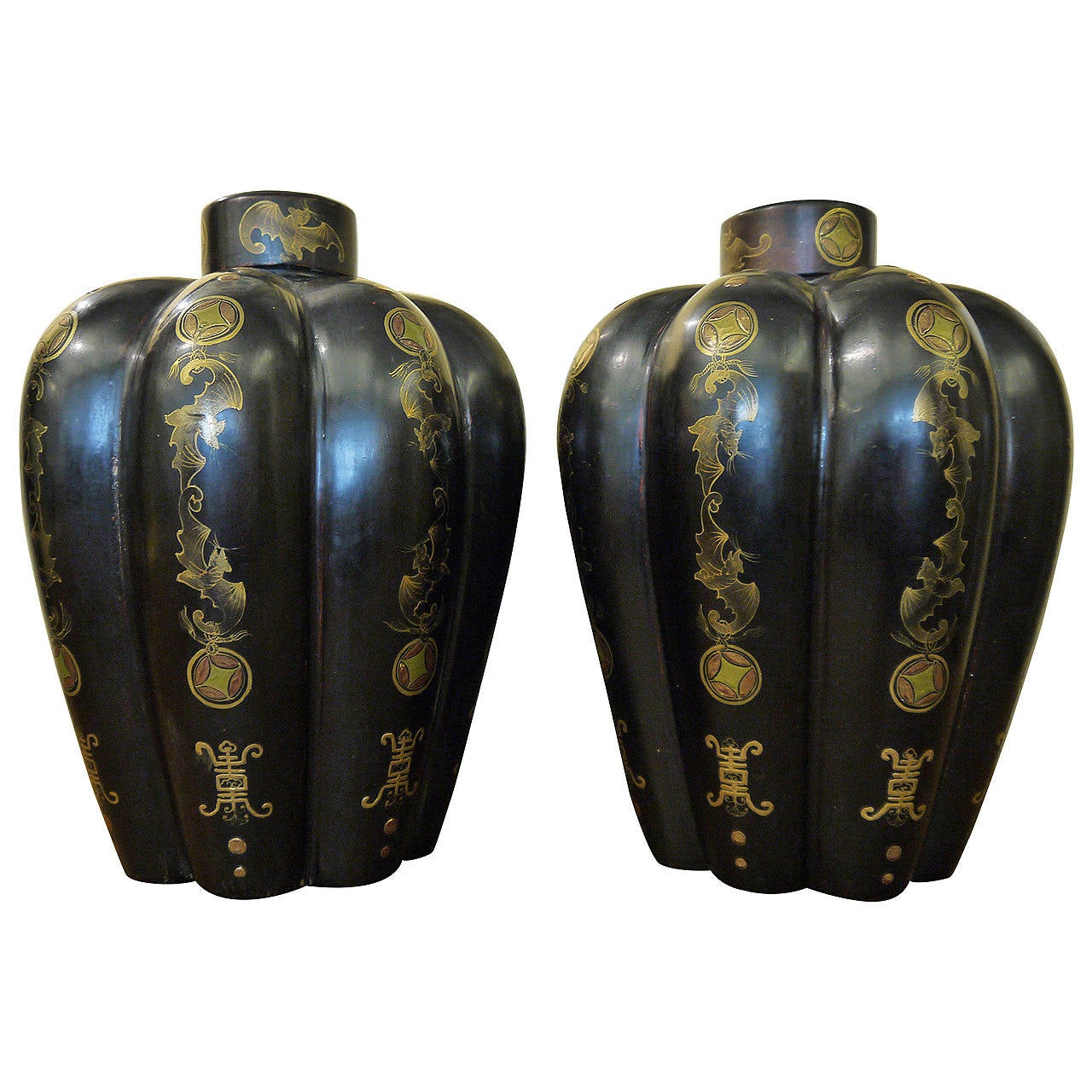Black Lacquer Chinese Melon Form Vases at 1stDibs