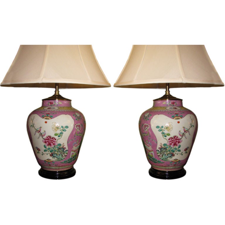 Pair of Chinese Famille Rose Lamps