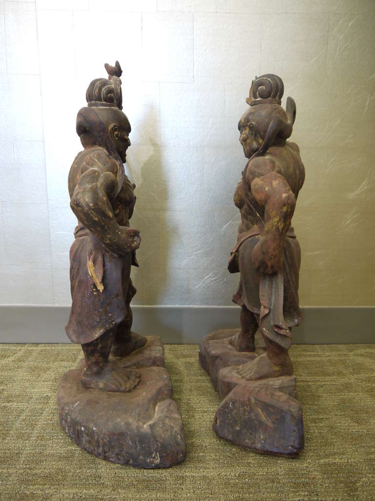 Wood Large Pair of Japanese Guardian Figures For Sale