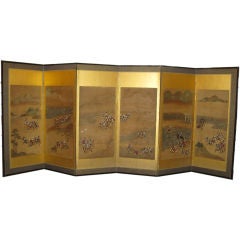 Antique Japanese six panel screen with battle scenes 7