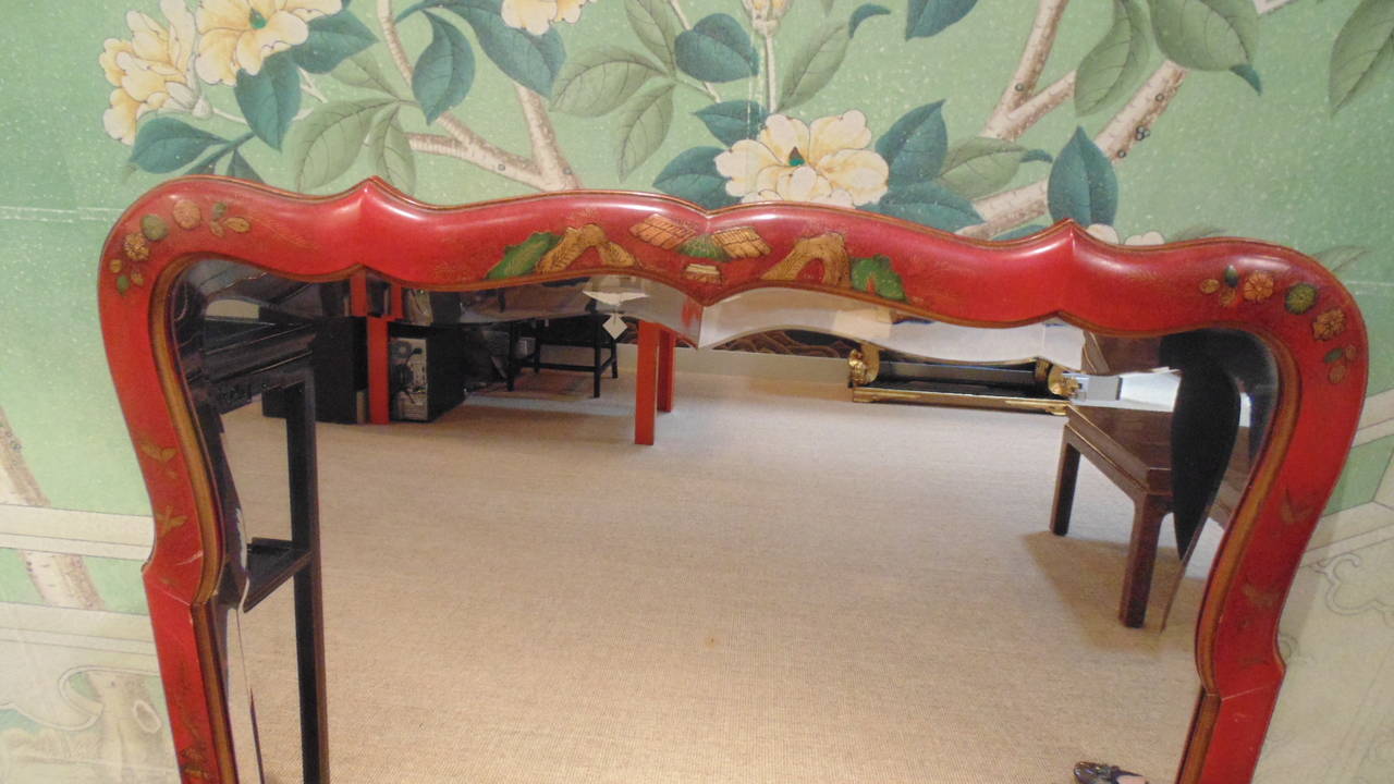 Unknown Pair of Red Lacquer Chinoiserie Mirrors