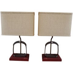 Pair of antique Chinese brass stirrups, mounted as lamps bases 9