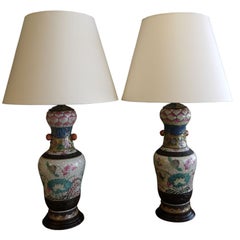 Pair of Chinese Crackleware Vases with Lotus Design, as Lamps