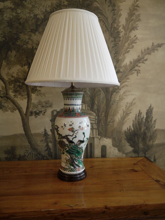 19th Century Chinese Famille verte vase with peacocks, as lamp