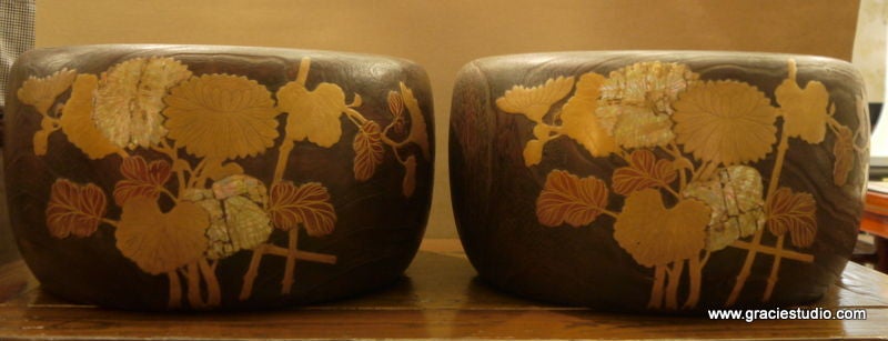 Pair of large inlaid Japanese hibachi/braziers