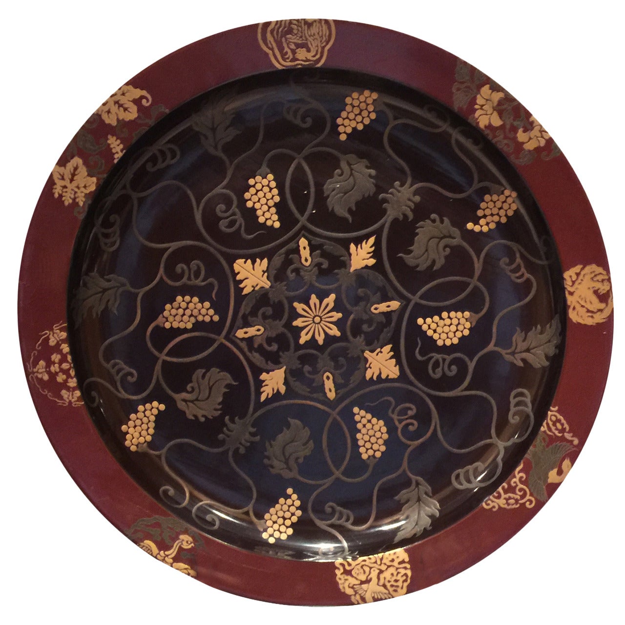 Japanese Lacquer Charger with Hand-Painted Grape Pattern For Sale