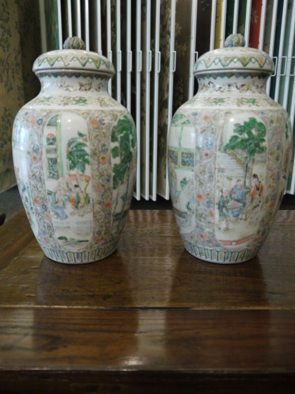Hand-Painted Pair of 19th Century Chinese Jars For Sale