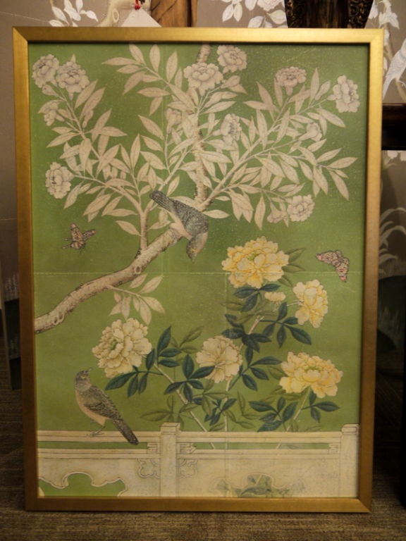 A section of Gracie handpainted wallpaper with apple green background, branches, flowers, birds and butterflies.<br />
<br />
Framed with antiqued gold box frame.