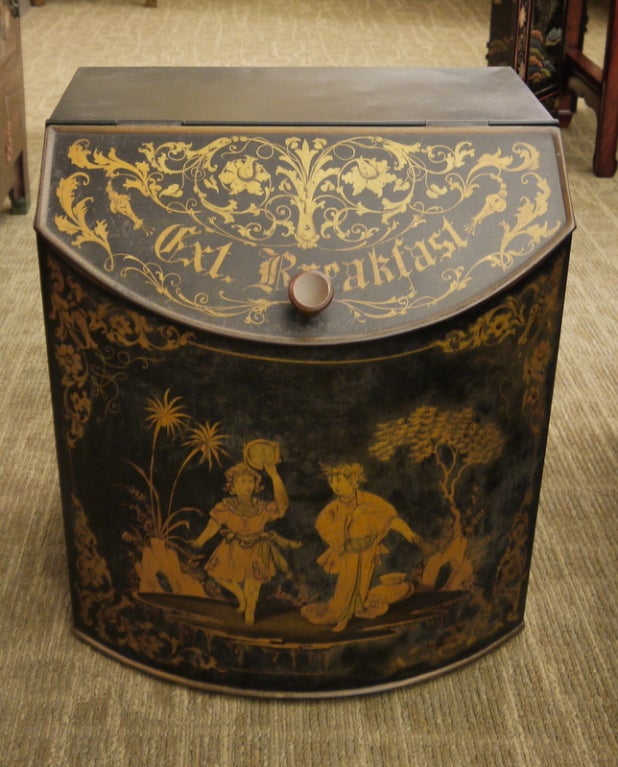 A large scale metal and handpainted Chinoiserie tea container with hinged lid.
