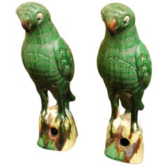 Antique Pair of Green Glazed Parrots