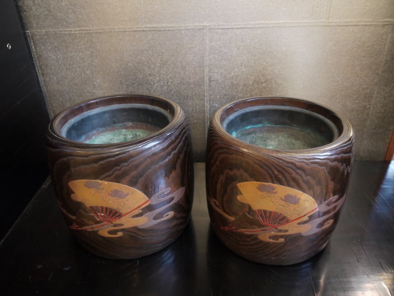 Pair of Meiji Period Hibachi with Fan and Wave Design