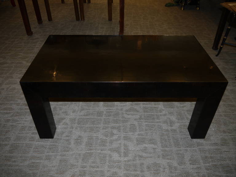 A handmade Parsons table, by Gracie, circa 1990.  Made in Gracie's NY studio.

With a hand-painted crackled cashew lacquer finish (to simulate age cracks).

Finish is very dark (appears black, but in bright sunlight hints of brown may be