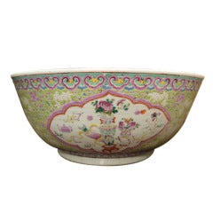 Chinese 19th Century Bowl Lime Green/Pink Borders and Water Lilies on Interior 1