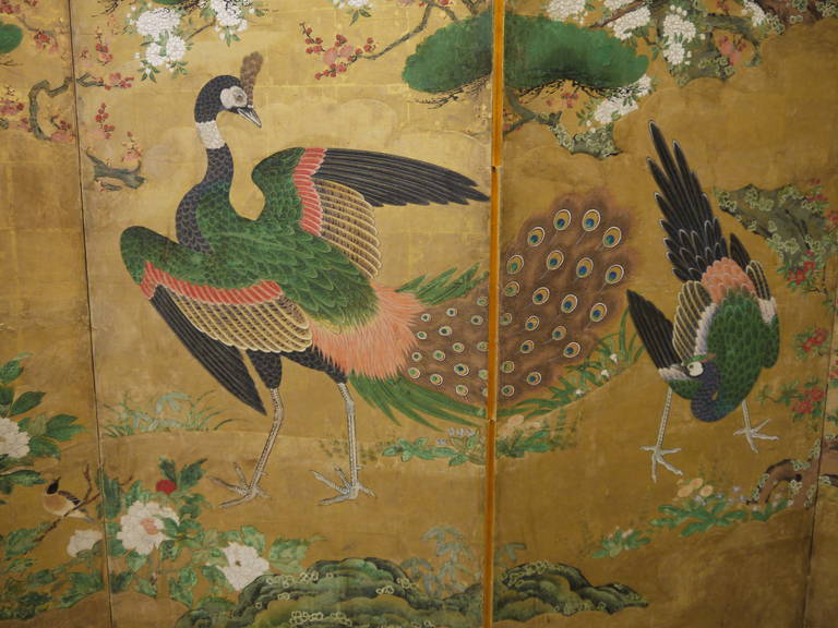 A stunning six panel screen with gold leaf background.

The design features cranes, large Peacocks, bamboo, a stream, and other flying birds, painted in amazing detail.

The screen is in very good condition, and is bordered by a fabric brocade