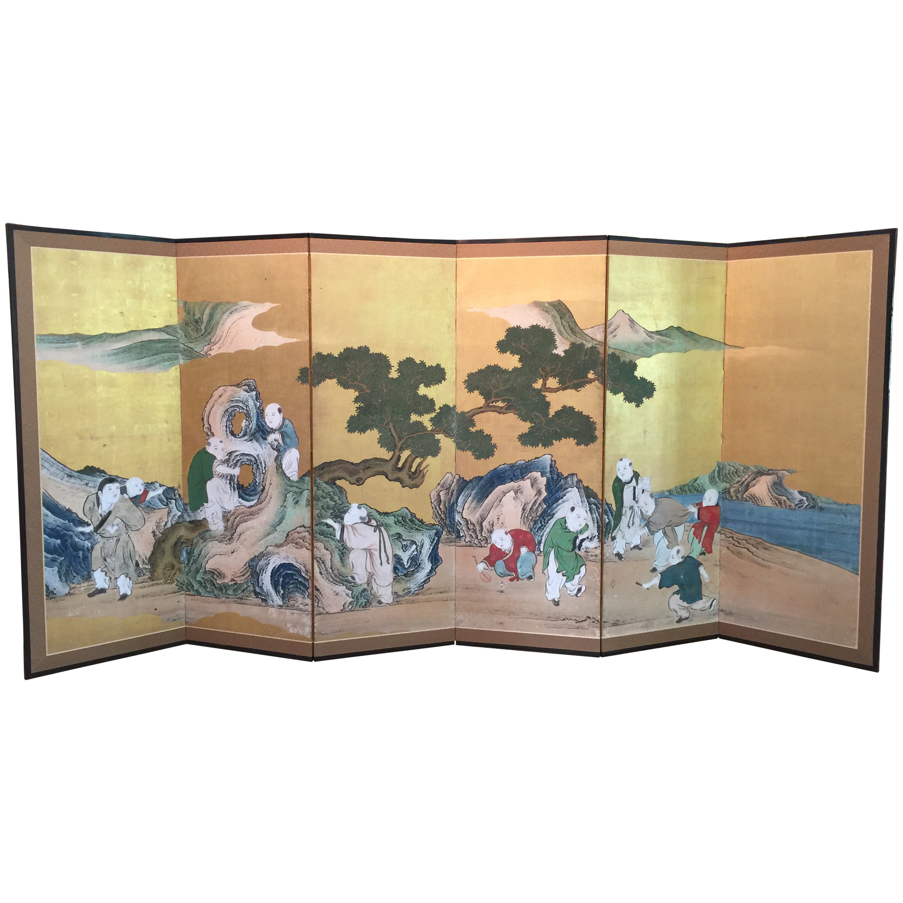 Japanese Six-Panel Screen with Children For Sale