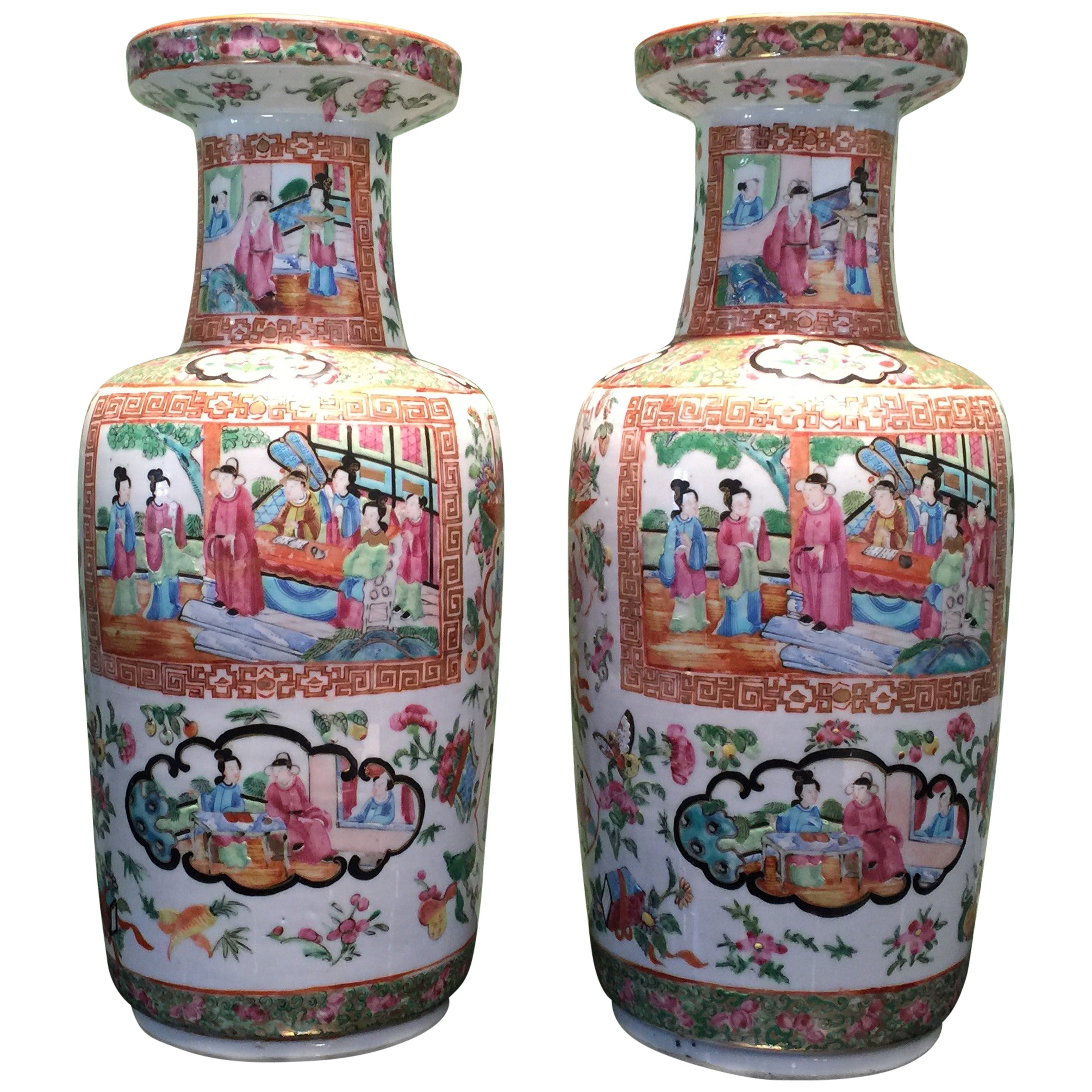 Pair of 19th Century, Chinese Rose Medallion Vases For Sale at 1stDibs