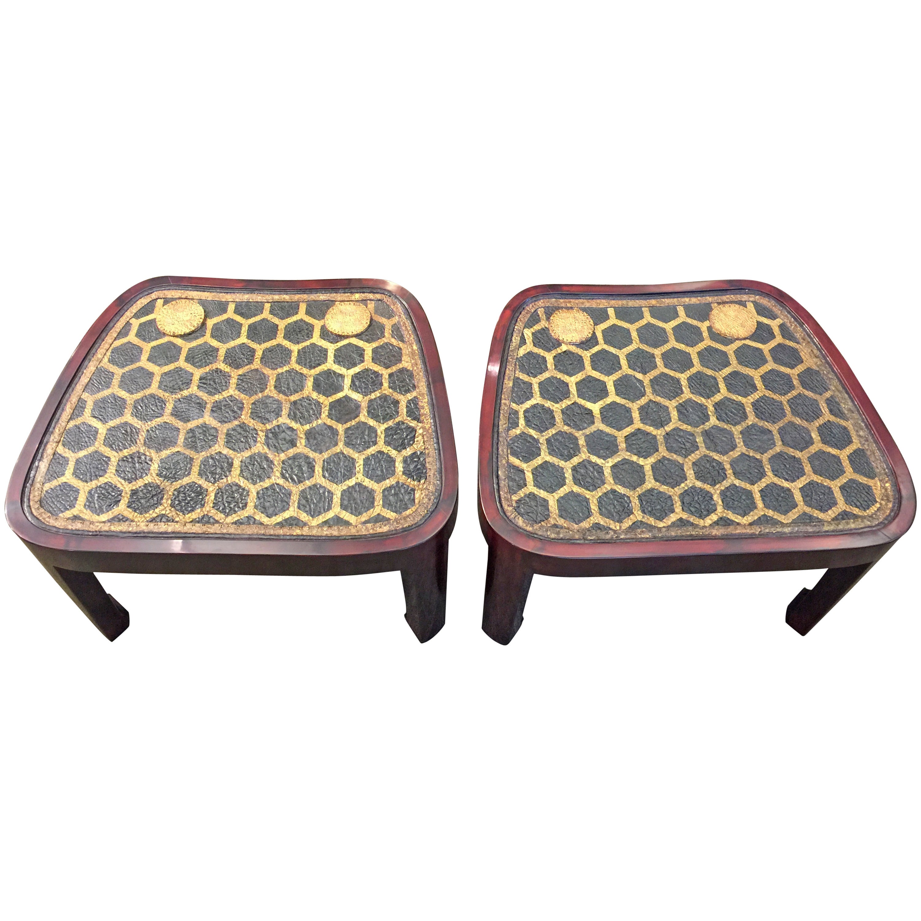 Pair of Lacquer Tables with Leather Samurai Armor Tops For Sale