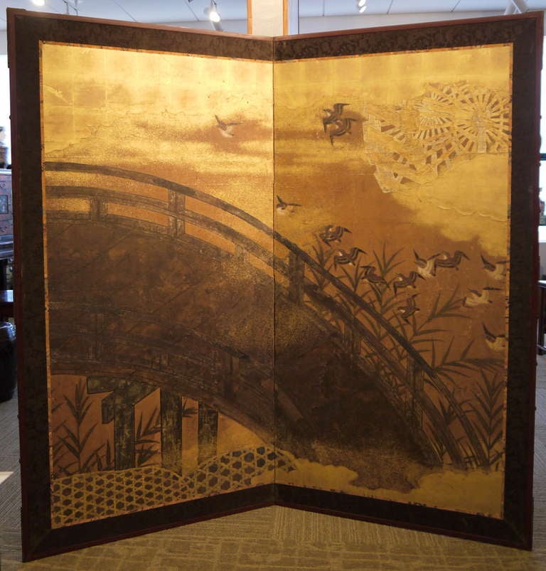 Japanese Two Panel Screen with Uji Bridge