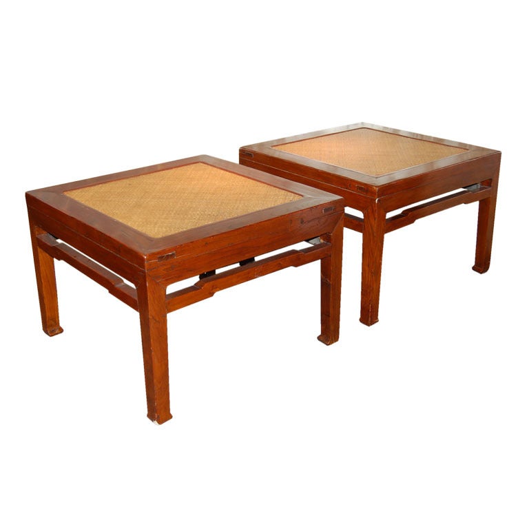 Pair of 18th Century Chinese Wooden Stools with Cane Tops For Sale