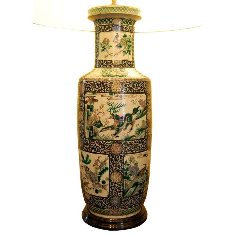 Large 19th Century Chinese Famille Noire Vase as Lamp For Sale