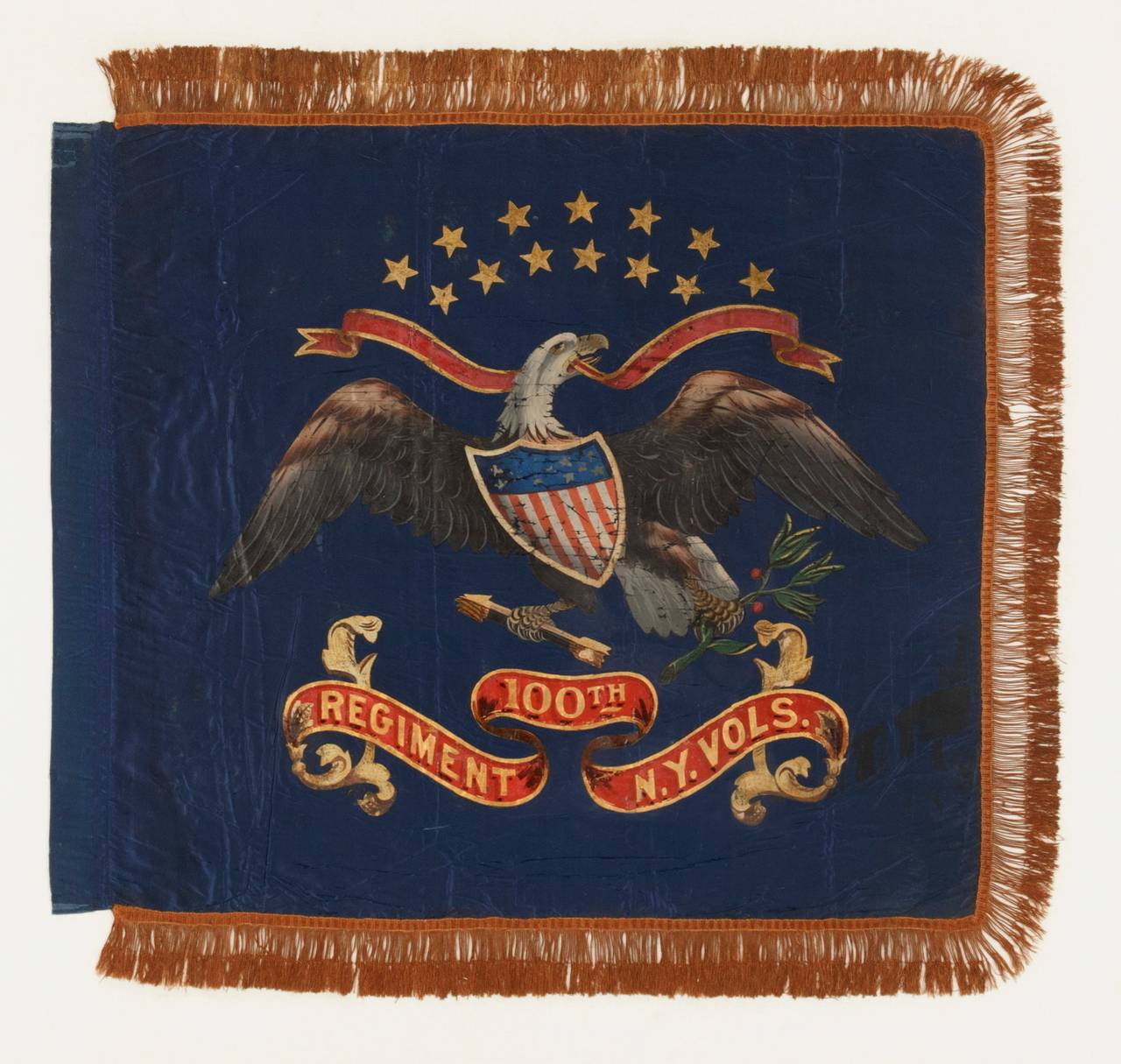Rare Civil War Period Federal Standard Style Flank Guidon Of The 100th New York Volunteer Infantry, Hand-painted And Gilded On Silk, 1862-1865:

During the Civil War, U.S. Army regulations set forth that an infantry unit would carry two flags.