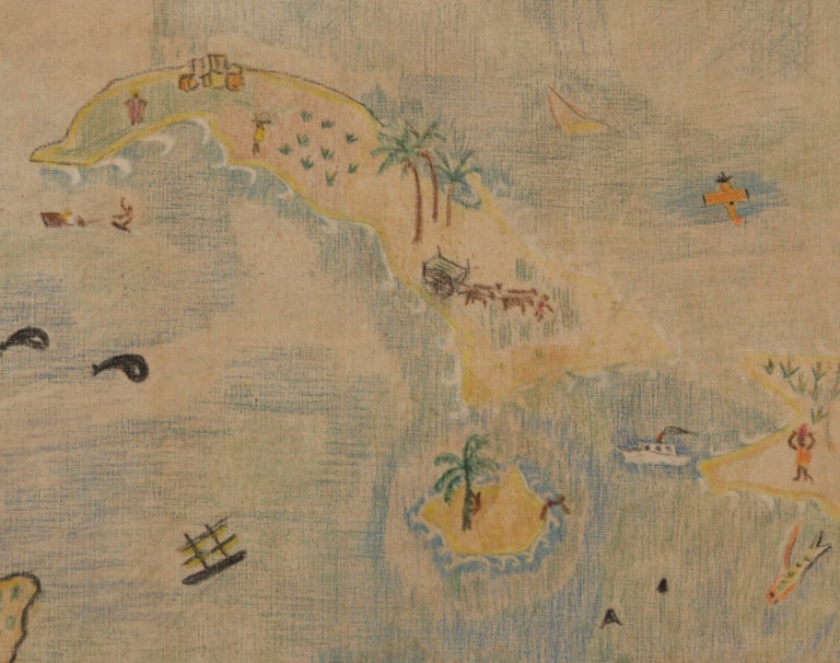 20th Century Exceptional Naive Antique Map of America, Crayon or Pastel on Muslin, 1920-30