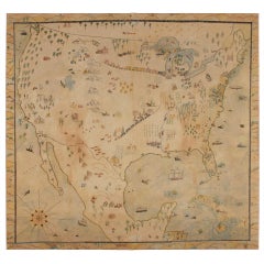 Exceptional Naive Antique Map of America, Crayon or Pastel on Muslin, 1920-30