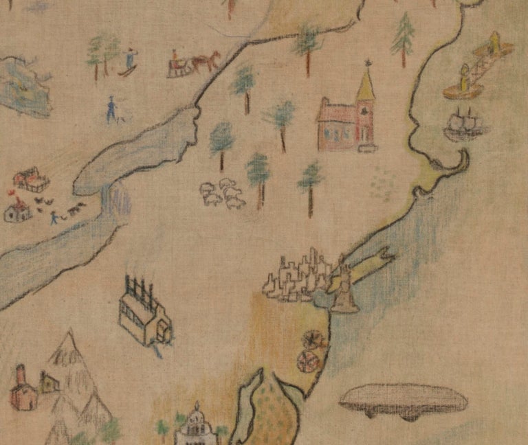 Exceptional Naive Antique Map of America, Crayon or Pastel on Muslin, 1920-30 6