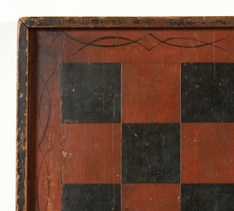 Painted Large & Impressive, Paint Decorated Game Board in Red & Black, circa 1845