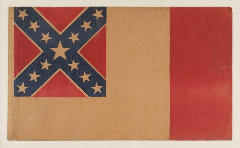 UNUSUAL CONFEDERATE FLAG IN THE THIRD NATIONAL FORMAT, PRINTED ON HEAVY WEIGHT PARCHMENT, PROBABLY PRODUCED BETWEEN 1884 AND 1910, IN THE EARLIEST PERIOD OF THE UDC AND THE UCV:

This very unusual and particularly beautiful Confederate parade