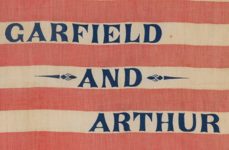 39 STAR PARADE FLAG, MADE FOR THE 1880 PRESIDENTIAL CAMPAIGN OF GARFIELD AND ARTHUR:

39 star American national parade flag, printed on cotton, made for the 1880 presidential campaign of James A. Garfield and Chester Arthur. Unlike some