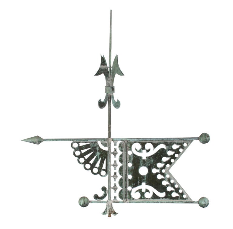 BANNERETTE WEATHERVANE, MADE BY J.W. FISKE (NEW YORK), IN AN ELEGANT STYLE WITH A BEAUTIFUL, PIERCED, FLAG AND FAN DESIGN, 1880-1890's:

This elegant bannerette weathervane was made by J.W. Fiske in New York City of molded and sheet copper. The