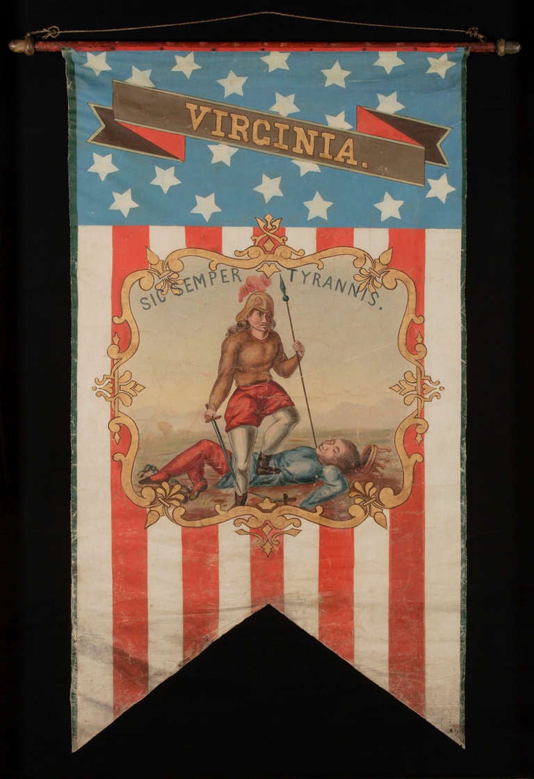 BANNIÈRE PATRIOTIQUE PEINTE À LA MAIN AVEC LE SCEAU DE L'ÉTAT DE VIRGINIE ET DE GRANDES QUALITÉS FOLKLORIQUES : 

 Format Swallowtail, bannière verticale patriotique portant le nom et le sceau de l'État de Virginie. Réalisé entre 1861 et le