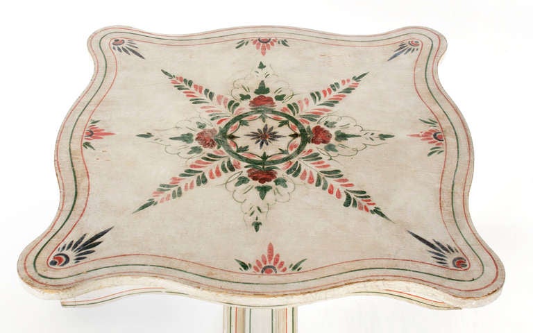 Paint-decorated American pedestal table with toleware style decoration and gameboard-like graphics, 1830-1840, northern new England origin:

 Small-scale American card table with a scalloped top and skirt, a square, tapered pedestal, and a