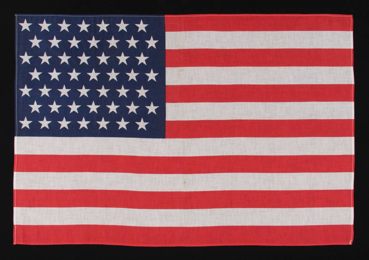 49 stars on a large-scale parade flag, Alaska statehood, 1959-1960:

49 star American national parade flag, printed on cotton. Sometimes called “hand-wavers,” parade flags were generally affixed to wooden staffs to be waved at parades or political