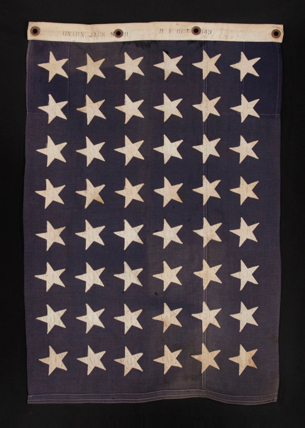 48 STAR U.S. NAVY JACK, MADE AT MARE ISLAND, CALIFORNIA, HEADQUARTERS OF THE PACIFIC FLEET, DURING WWII, DATED 1943:

 United States Navy jack with 48 stars, made during WWII (U.S. involvement 1941-45) at Mare Island, California, Headquarters of