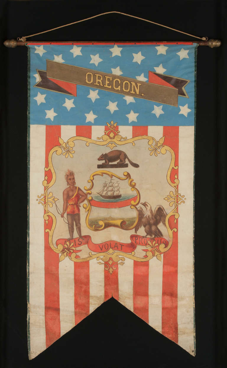 HAND-PAINTED PATRIOTIC BANNER WITH THE SEAL OF THE STATE OF OREGON AND GREAT FOLK QUALITIES, 1861-1876:

Swallowtail format, patriotic vertical banner bearing the name and the seal of the State of Delaware. Made in the period between 1861 and the
