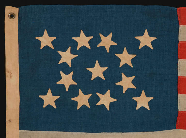 19th Century 13 Hand-Sewn Stars in a Medallion Pattern on a Small Scale Flag