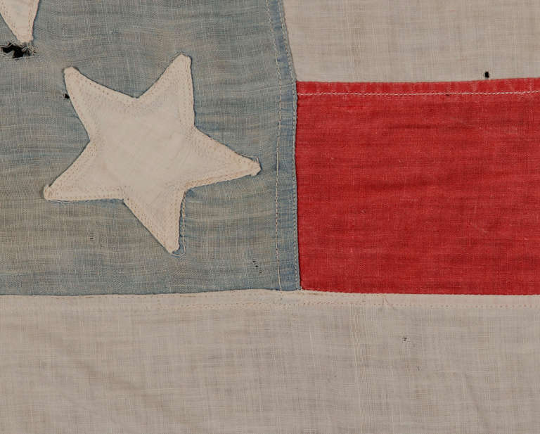 19th Century 45 Unusual Stars on a Homemade Cotton Flag with Beautifully Faded Canton