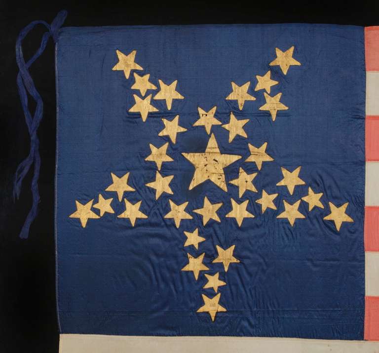 Silk American Militia Flag with 33 Gilt-painted Stars in a Great Star Pattern, 1859-61 In Excellent Condition In York County, PA