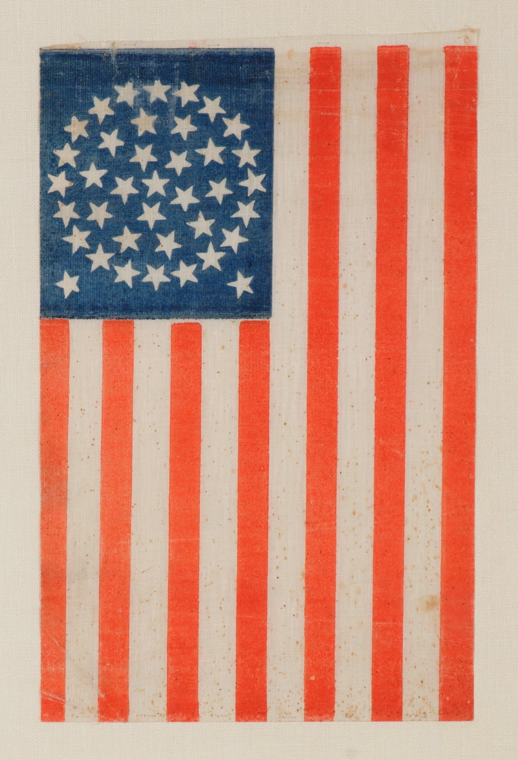 38 STARS IN A MEDALLION CONFIGURATION WITH 2 OUTLIERS AND VIBRANT COLORATION, COLORADO STATEHOOD, 1876-1889, FORMERLY IN THE COLLECTION OF RICHARD PIERCE AND PICTURED IN HIS TEXT ON FLAG COLLECTING:

38 star American parade flag, printed on