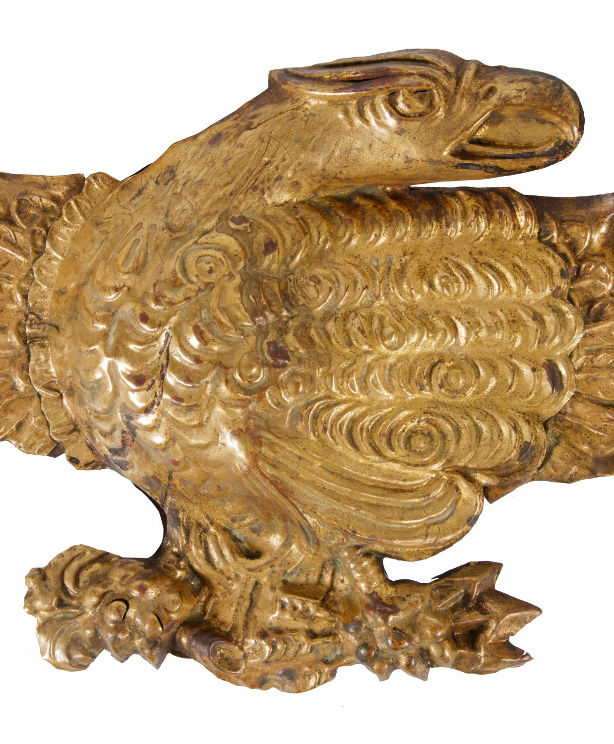 Pressed brass eagle, an early parade flag holder and bunting tie-back, an especially attractive example, circa 1870-1890s.

Pressed brass eagles decorated the interiors of Civil War veterans' halls, armories and government buildings. They