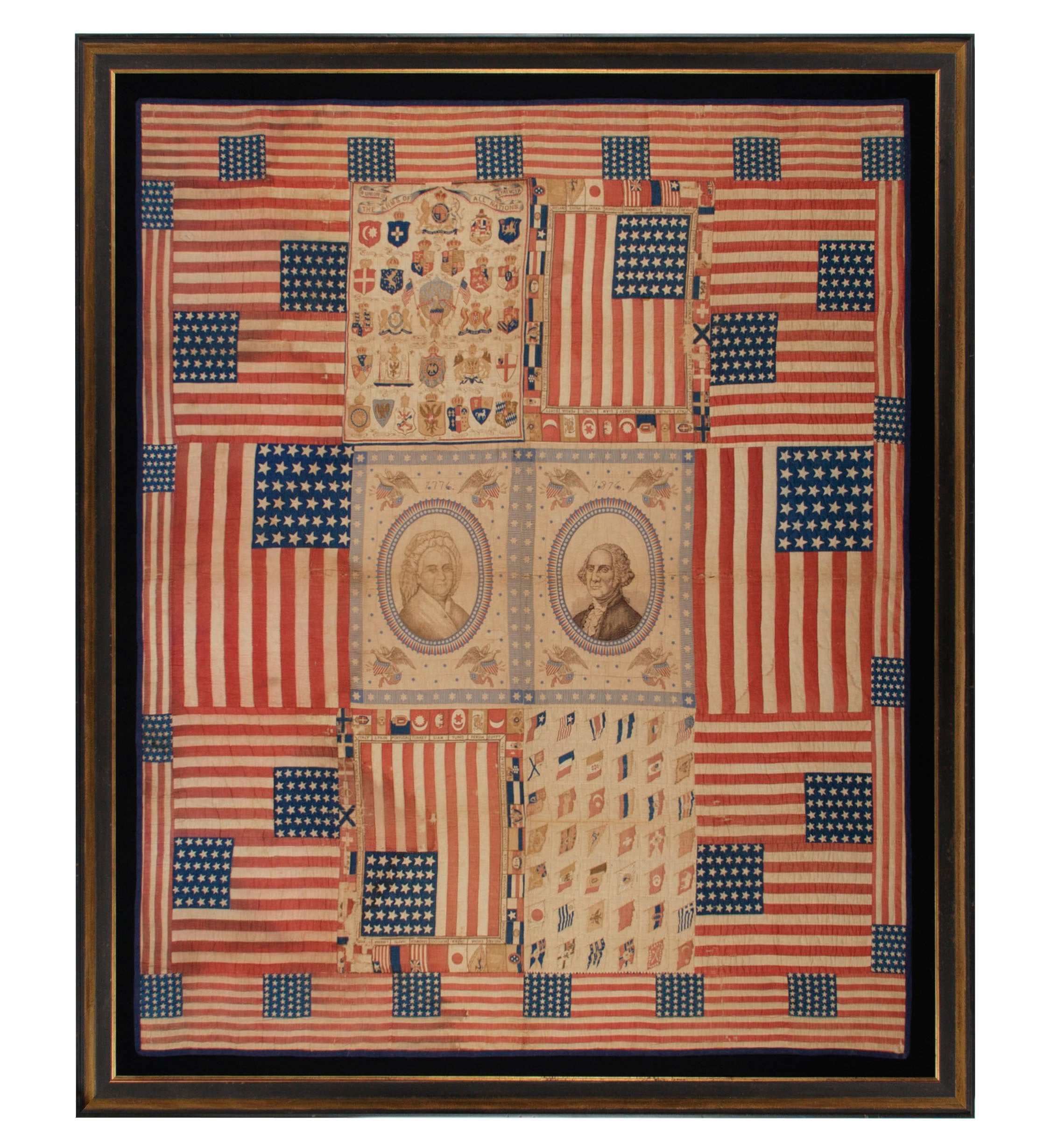 Exceptional Antique Patriotic 1876 Quilt w/ Images of George & Martha Washington